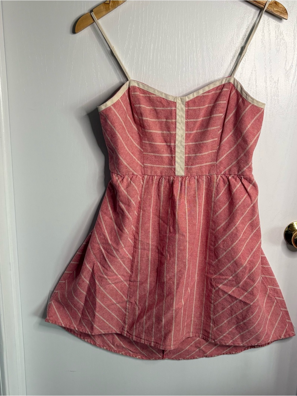 C.O.P.E Pink Cream Striped Linen Sundress Adjustable Strap Short M Boho Coastal